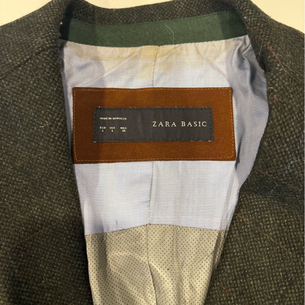 Zara Basic Dark Hunter Green Gray Tweed Plaid Lambswool Blazer- Size L - Picture 5 of 11